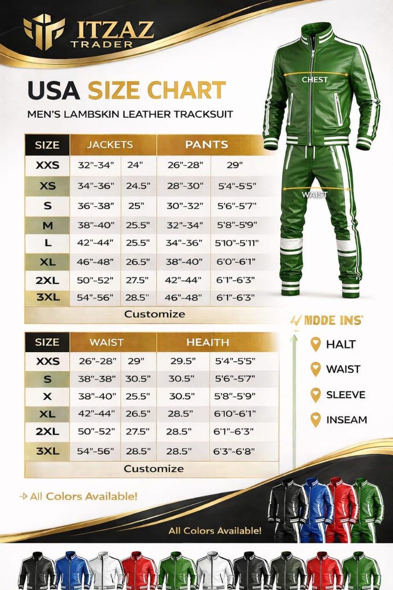 Pode incluir: Tabela de tamanhos dos EUA para fatos de treino de couro de cordeiro para homem. A tabela inclui medidas de casaco e cal&ccedil;as em polegadas e p&eacute;s/polegadas, de XXS a 3XL. &Eacute; apresentado um fato de treino verde com riscas brancas, e uma sele&ccedil;&atilde;o de cores.