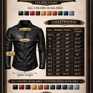 Op de afbeelding: Een zwarte leren jas met een maattabel, met afmetingen in inches voor schouder, borst en mouwlengte. De tabel bevat maten van XXS tot 5XL. De tekst "REAL LEATHER" en "ALL COLORS AVAILABLE" worden ook weergegeven.