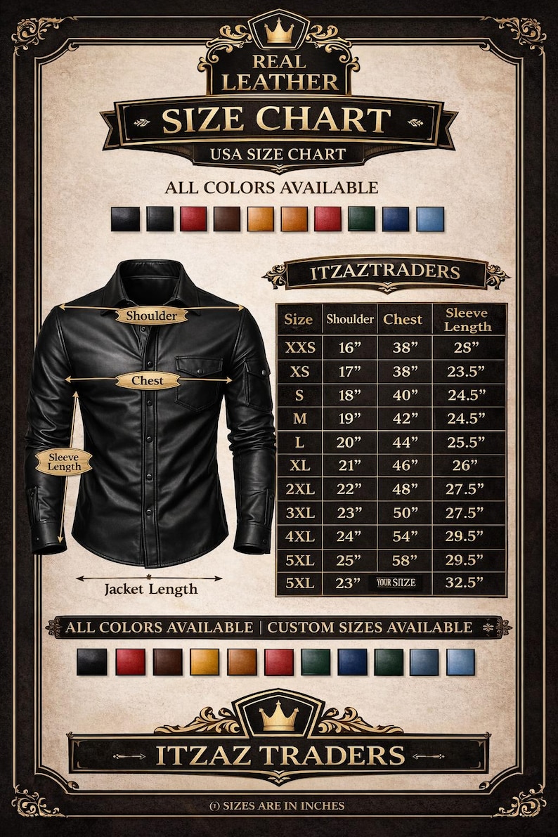 Op de afbeelding: Een zwarte leren jas met een maattabel, met afmetingen in inches voor schouder, borst en mouwlengte. De tabel bevat maten van XXS tot 5XL. De tekst "REAL LEATHER" en "ALL COLORS AVAILABLE" worden ook weergegeven.
