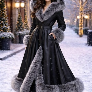 May include: A long black coat with a faux fur-lined hood, cuffs, and hem. The coat features a belted waist and is worn in a snowy outdoor setting. The fur trim is gray and the coat appears to be made of a leather-like material.