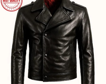 60s Echtes Leder German Double Breasted Black Cowhide Leather