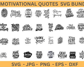 Puede incluir: Un conjunto de citas motivadoras en un paquete SVG. El texto negro se muestra sobre un fondo amarillo. Las citas incluyen frases como "Cree en ti mismo" y "Trabaja duro". El paquete incluye archivos SVG, JPG, PNG, EPS y DXF.