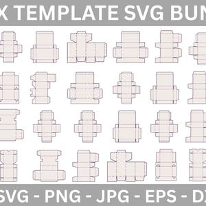 Puede incluir: Una colección de plantillas de cajas en varios diseños, dispuestas en una cuadrícula. Las plantillas son de color beige claro con líneas punteadas que indican los puntos de plegado. El texto en la parte superior dice "BOX TEMPLATE SVG BUNDLE" y en la parte inferior "SVG - PNG - JPG - EPS - DXF".
