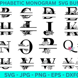 Könnte beinhalten: Eine Sammlung schwarzer floraler Monogramm-Buchstaben, jeweils mit einer horizontalen Linie zur Personalisierung. Die Buchstaben A bis Z sind mit dekorativen floralen Elementen versehen. Der Text "ALPHABETIC MONOGRAM SVG BUNDLE" ist ebenfalls enthalten.