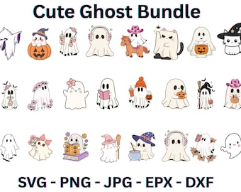 Può includere: Una collezione di simpatiche illustrazioni di fantasmi in varie pose e costumi, tra cui un fantasma con le cuffie, un fantasma con una zucca e un fantasma con un cappello da strega. Il testo "Cute Ghost Bundle" è in alto, con le opzioni del tipo di file sottostanti.
