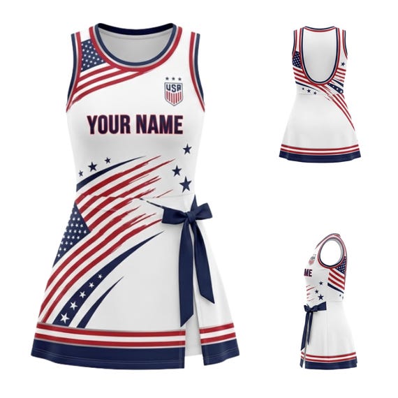 red white and blue athletic dress Custom USA Patriotic Tennis Dress, Personalized Name Tie Front Sport Preference Round Outfit Inspo 2-3-4-5-6Y Color:Other color from chart this custom tennis dress