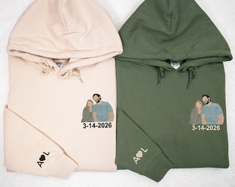 Custom Embroidered Couple Hoodies – Personalized Faceless Portrait Outfit, Matching Valentine’s Day Gift for Him and Her.