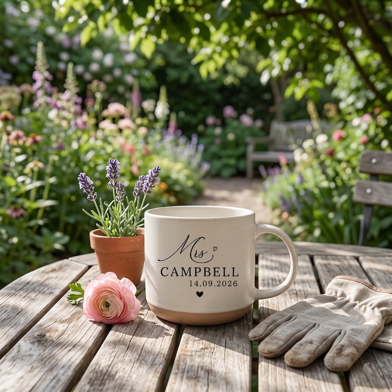 May include: A cream-colored ceramic mug with a speckled finish, featuring the black printed text Mrs. CAMPBELL 14.09.2026 and two small heart icons. The mug sits next to a small terracotta pot with lavender, a pink flower, and a pair of beige work gloves.