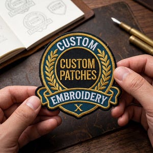 Peut inclure: Un écusson brodé circulaire avec un centre noir portant le texte doré CUSTOM PATCHES, entouré d'une bordure bleu sarcelle avec des feuilles de laurier dorées, et une bannière inférieure avec le texte blanc EMBROIDERY et un symbole X doré.