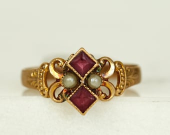 Victorian Red Stone Pearl Delicate Ring 10k Gold Antique Gold Ring Vintage Victorian Gold Statement Ring