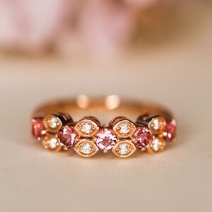 Vintage Pink Tourmaline & Diamond Rose Gold 14k gold ring, gemstone band ring, October birthstone ring