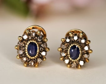 Vintage Continental 18K Gold Silver Diamond Sapphire Earrings Antique Sapphire Studs