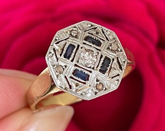 Antique Art Deco Sapphire & Diamond 18k Gold Ring Vintage Sapphire Diamond Ring