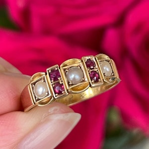 Victorian Ruby and Pearl 15k gold Vintage Ring Antique Ring Vintage Cocktail Ring Anniversary Gift Antique Ruby Ring Vintage Pearl Ring