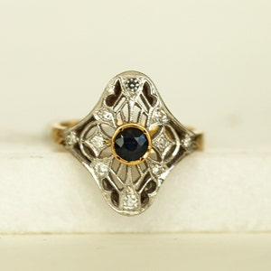 Anello vintage in filigrana Art Déco con zaffiro e diamanti Anello di fidanzamento antico Anello da cocktail vintage Regalo di anniversario