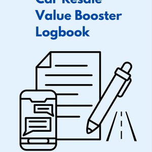 Könnte beinhalten: Illustration mit dem Text "Car Resale Value Booster Logbook". Das Bild zeigt ein Smartphone mit Chat-Blasen, einen Notizblock, einen Stift und eine Straße. Der Text "Resale ReadyPlanners" befindet sich unten.