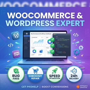 Op de afbeelding: Een digitale afbeelding met een laptop die een WooCommerce- en WordPress-dashboard met codefragmenten toont, omringd door WordPress-, WooCommerce- en codeerpictogrammen. Vier ronde badges benadrukken bugfixes, checkout-reparatie, snelheidsoptimalisatie en 24-uurs levering.