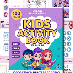 Pode incluir: Um livro de atividades colorido para crianças de 5 a 9 anos, com o título "KIDS ACTIVITY BOOK" e "K-POP DEMON HUNTERS". A capa mostra três crianças de desenho animado e várias atividades como quebra-cabeças e páginas para colorir.