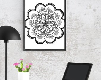 Impresión de mandala floral: Arte botánico en blanco y negro (descarga digital)
