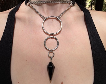 Black Leather Choke Collar with Onyx Pendant, Silver Stainless Steel O Rings & Chain | Gothic Statement Necklace | Handmade Festival Jewelry