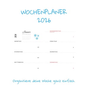 May include: A white weekly planner for 2026 with a light blue title and the text "Organize your week easily. Plan. Achieve. Repeat." The calendar includes the month of January and the days of the week.