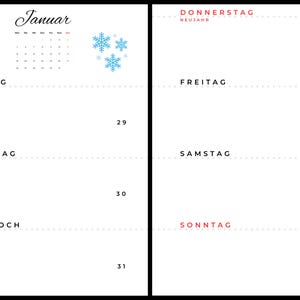 May include: A calendar page for January 2026, with the month's name and year displayed. The days of the week are listed in black text, with the word "Donnerstag" in red. Decorative blue snowflakes are present. The calendar is on a white background.
