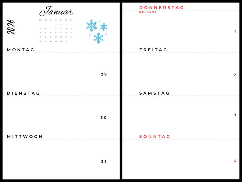 May include: A calendar page for January 2026, with the month's name and year displayed. The days of the week are listed in black text, with the word "Donnerstag" in red. Decorative blue snowflakes are present. The calendar is on a white background.