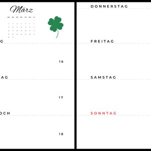 May include: A minimalist calendar page for March 2026, featuring a green shamrock graphic. The days of the week are listed in black text, with Sunday in red. The year 2026 is displayed vertically on the left.