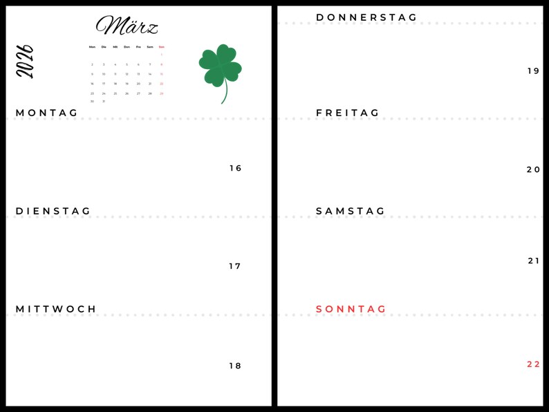 May include: A minimalist calendar page for March 2026, featuring a green shamrock graphic. The days of the week are listed in black text, with Sunday in red. The year 2026 is displayed vertically on the left.
