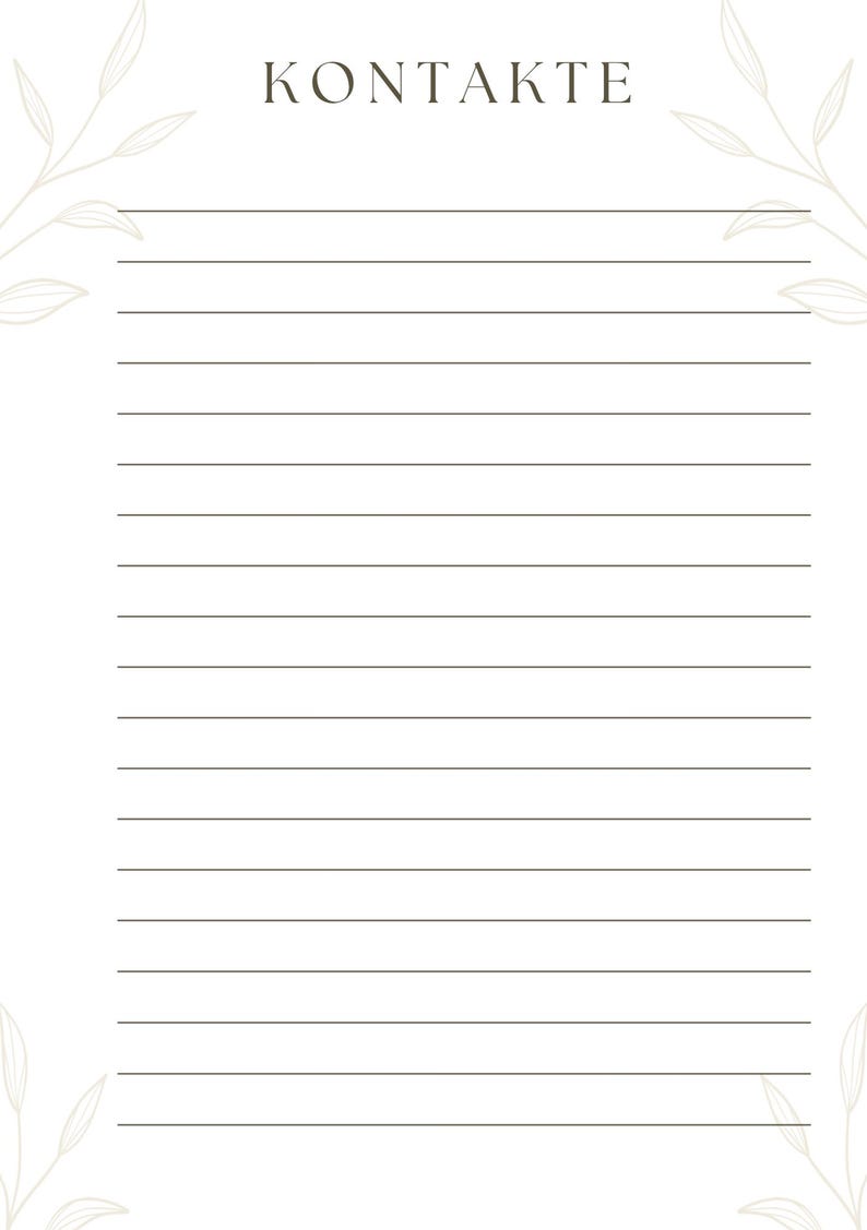 May include: A white lined notepad with the word "KONTAKTE" at the top in a serif font. The notepad has a simple design with a floral element in the corners. The lines are a muted green color.