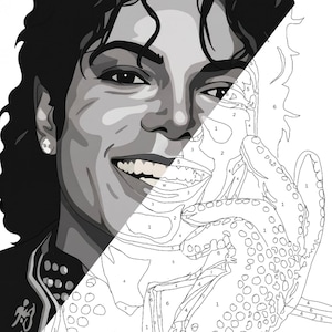 May include: A black and white paint-by-number illustration featuring a portrait of Michael Jackson. The left side is fully shaded with grayscale tones, while the right side shows the numbered outline pattern with visible digits for colour guidance.