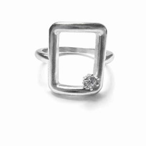 Sterling Silver Open Rectangle Ring, Cubic Zirconia, Modern Minimalist