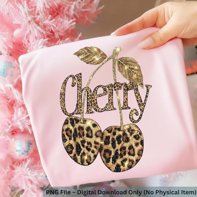 Puede incluir: Una camiseta rosa claro con un dise&ntilde;o de cereza con estampado de leopardo brillante y la palabra "Cherry" en una fuente de estampado de leopardo a juego. La imagen incluye el texto "PNG File - Digital Download Only (No Physical Item)".