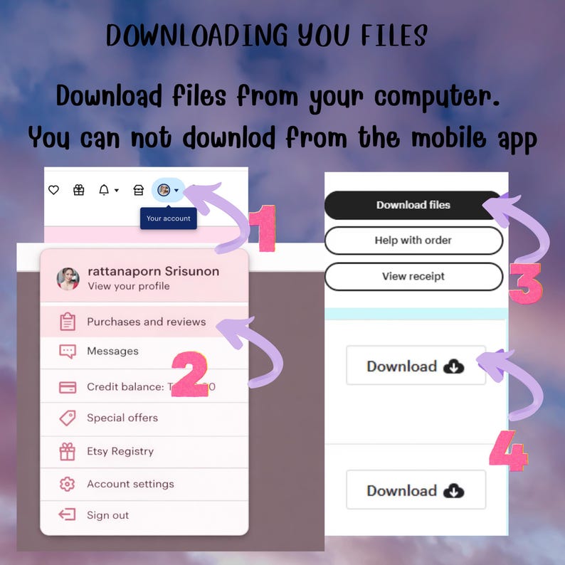 Puede incluir: Una captura de pantalla que muestra el proceso de descarga de archivos desde una computadora. La imagen incluye un men&uacute; de perfil de usuario, opciones para descargar archivos y un bot&oacute;n de descarga. El texto incluye "Descargando tus archivos" y "Descargar archivos desde tu computadora."