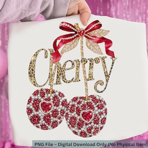 Wiśnia diamentowa PNG, wzór w panterkę, clipart z rubinowym sercem, projekt koszuli z czerwoną kokardą (pobranie cyfrowe)