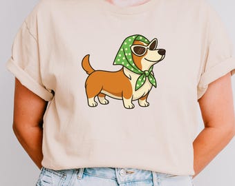 Imágenes prediseñadas de Diva Corgi: Bufanda retro, gafas de sol - Perro divertido PNG (Descarga digital)