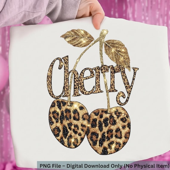 Leopard Cherry Glitter PNG, Gold Cherry Clipart, Cheetah Cherry Design, Trendy Cherry Digital Download