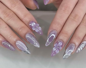 Smoky Purple Cat Eye Press On Nails: 3D Floral Silver Chrome Nails