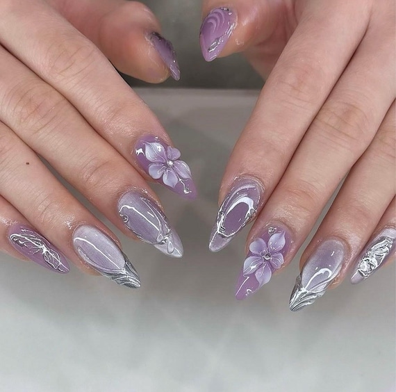 Smoky Purple Cat Eye Press On Nails: 3D Floral Silver Chrome Nails