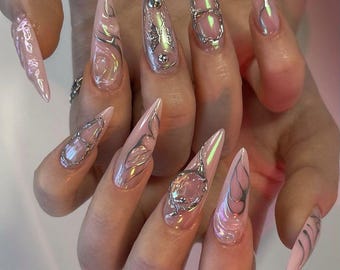 Silver Chrome Cyber Sigilism Press On Nails: Pink Iridescent Y2K Stiletto Nails