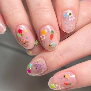 Kawaii Rabbit Press on Nails, Cute Bunny and Carrot Art, Pink Jelly Glitter Starry Nails, Kidcore Aesthetic, Reusable Full Set