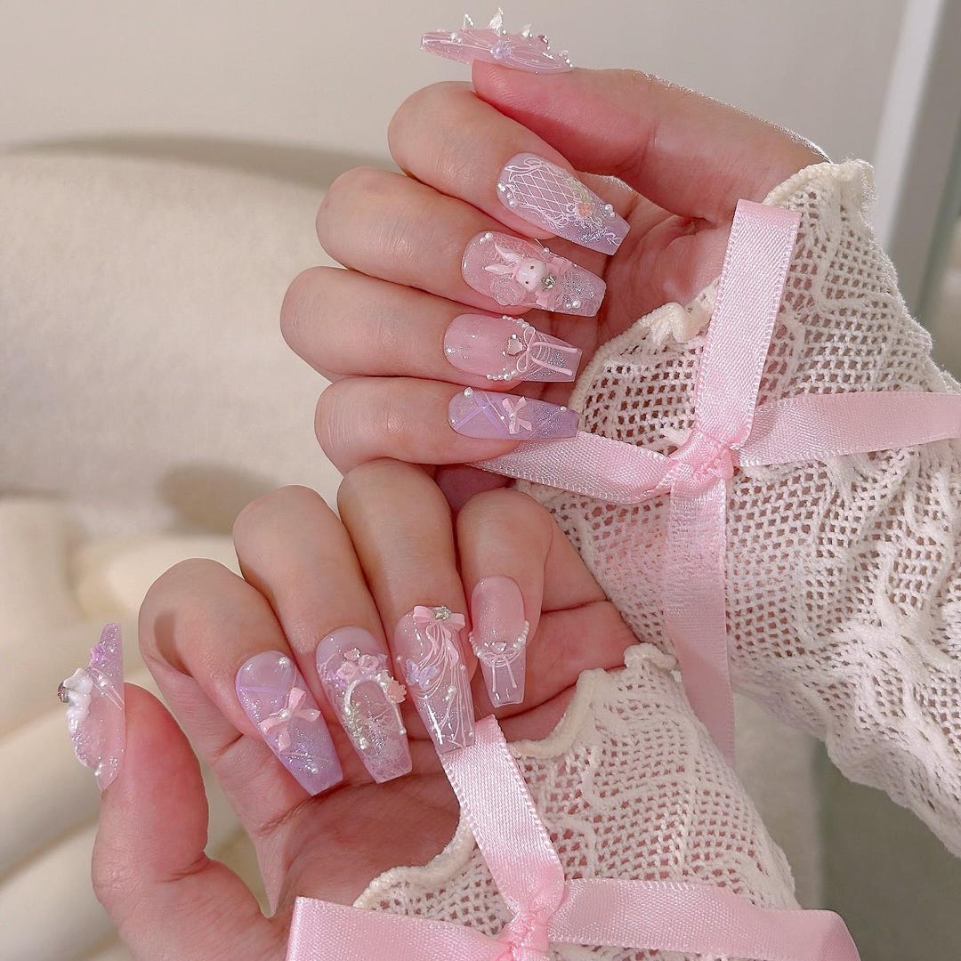 Pink Coquette Press on Nails | 3D Bunny and Ribbon Bow Nail Art ...