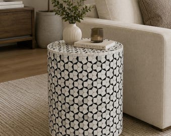 Handmade Inlay End Table Black White Geometric Side Table Luxury Accent Table Modern Bedside Furniture Decor