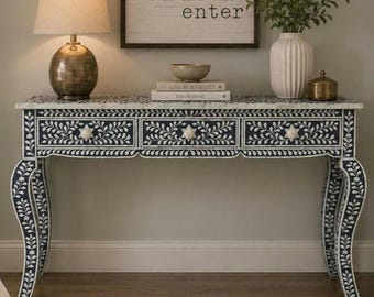 Handmade Bone Inlay Console Table Black White Floral Entryway Table Luxury Living Room Hallway Furniture with Drawers
