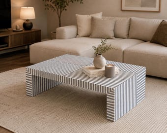 Modern Striped Bone Inlay Coffee Table, Handmade Geometric Waterfall Center Table, Luxury Living Room Furniture Decor