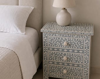 Luxury Floral Inlay Bedside Table Grey Nightstand Handmade Wooden 3 Drawer Side Table Bedroom Storage Cabinet