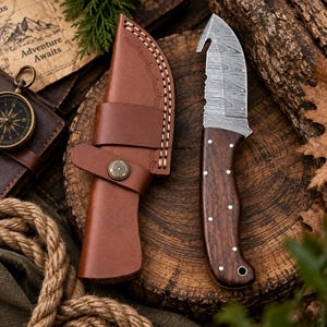 9 Inch Fixed Blade Hunting Knife, Walnut Wood Handle, Leather Sheath, Camping Fishing Outdoor Knife