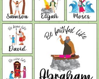 Set of 6 Bible Heroes Nursery Wall Art, Sunday school classroom decor, Bible Role Models (Abraham, Moses, David, Solomon, Elijah, Samson)