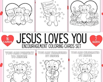 16 Printable Jesus Loves You Christian Encouragement Cards, Printable Lunchbox Notes, VBS Church Activity Cards,Sunday School,Coloring cards