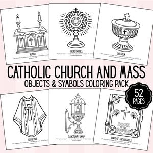 Può includere: Un pacchetto da colorare con oggetti e simboli della Chiesa cattolica. Le illustrazioni in bianco e nero includono un altare, un ostensorio, un ciborio, una casula, una lampada del santuario e un libro dei Vangeli. Il pacchetto contiene 52 pagine.